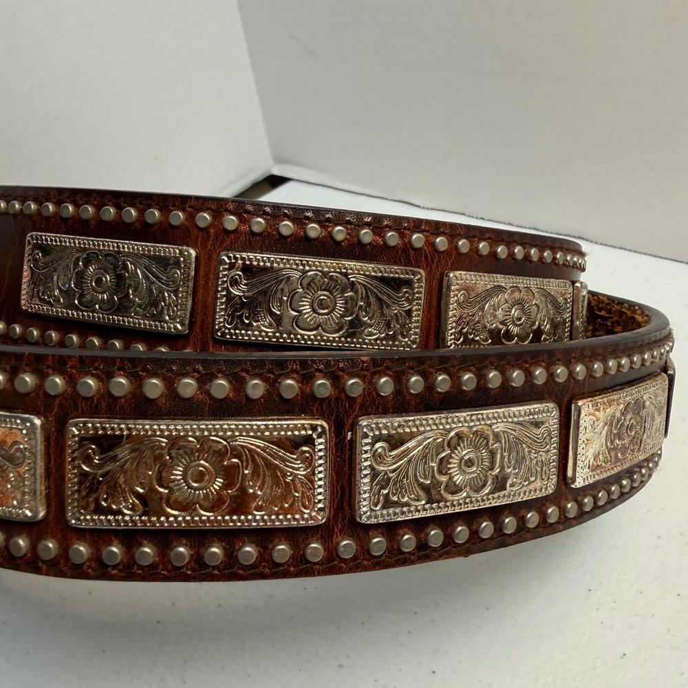 Nocona Belt Co Silver Overlay Conches Floral Embossed Metal Rawhide Belt 42 - Picture 8 of 16